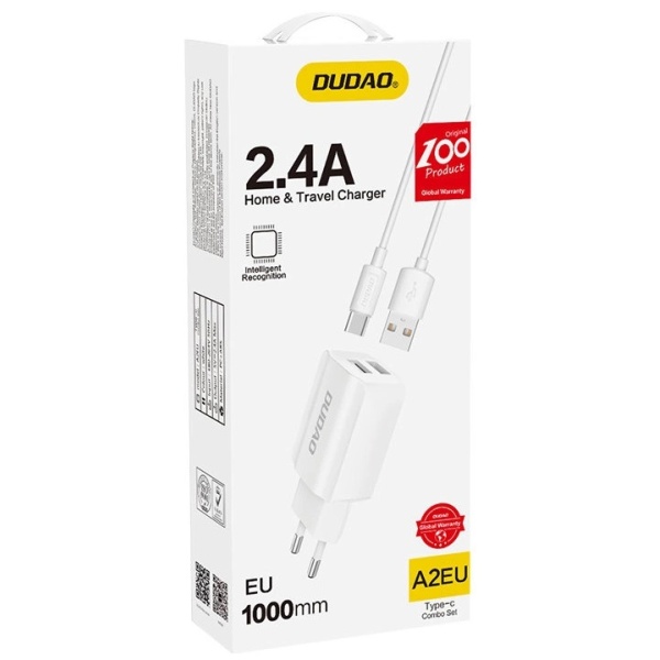 Dudao Încărcător De Perete EU 2X USB 5V/2.4A + Cablu USB Tip C Alb (A2EU + Type-C Alb) 6970379615379